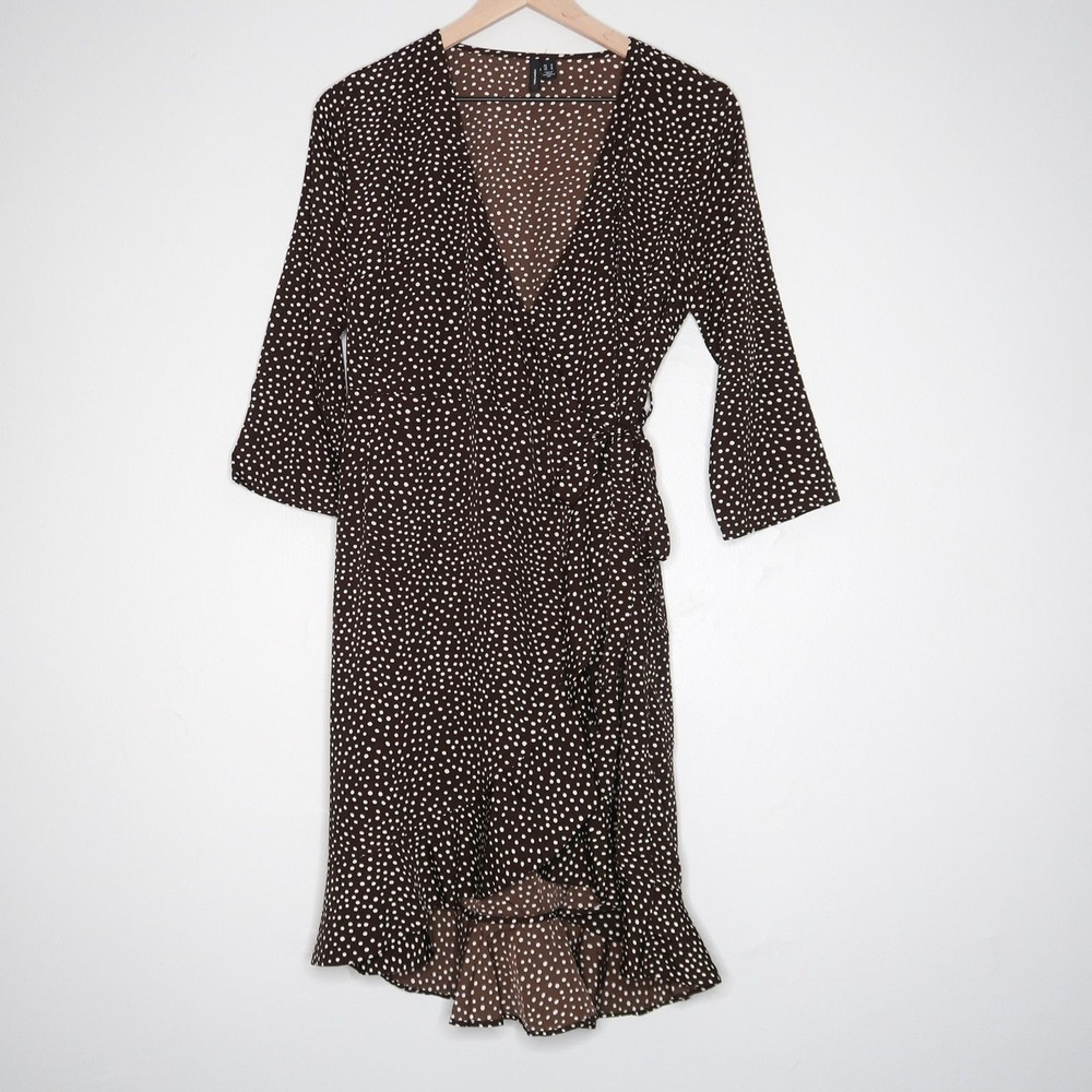 Vero Moda Womens Wrap Mini Dress Medium Brown White Polka Dots Ruffle Brunch